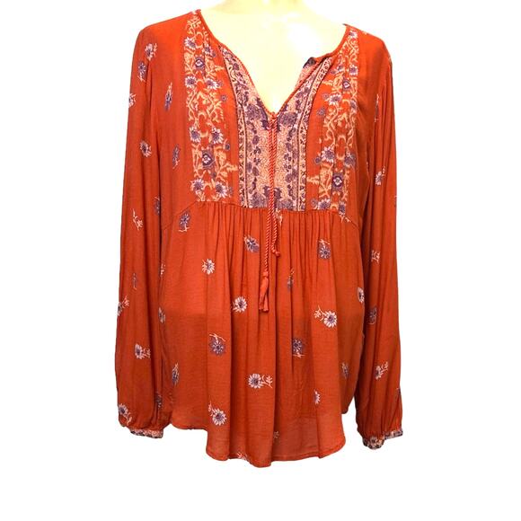 LUCKY BRAND Rust Color Paisley Baby Doll Style Blouse M - Picture 3 of 8